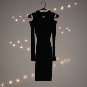 Tight black cold-shoulder dress w/key hole detail
